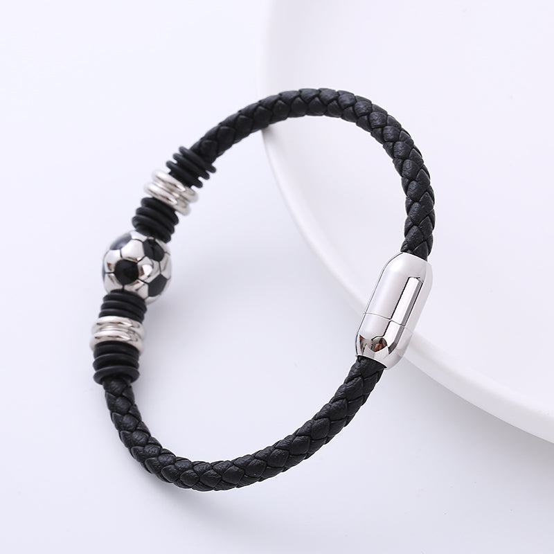 AML European and American  Men's Personality Stainless Steel Bracelet Sports Style World Cup Football Woven Leather String Bracelet