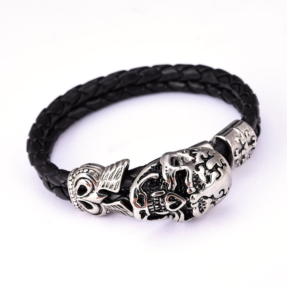 Men's genuine leather titanium steel skull bracelet