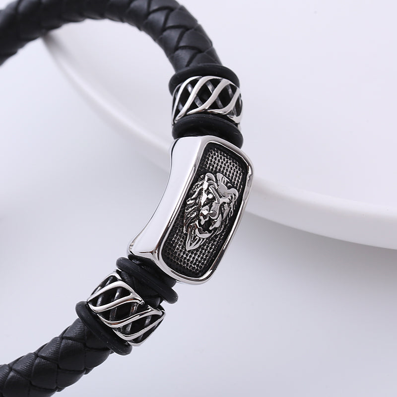 AML European and American Domineering Vintage Weave Leather Rope Trendy Men Bracelet Lion's Head Personality Titanium Steel Leather Bracelet