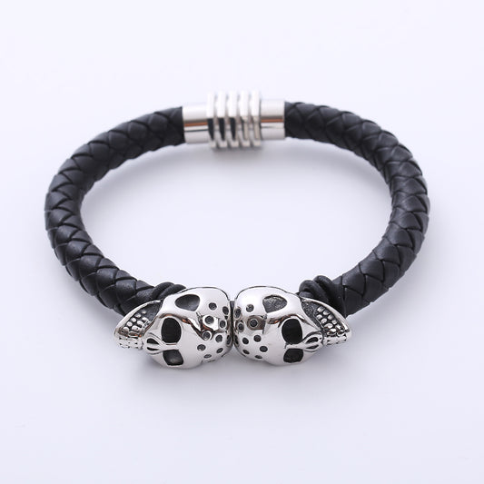 AML Woven Men's Titanium Steel Ornament Personality Skull Stainless Steel Domineering Bracelet Leather Bracelet