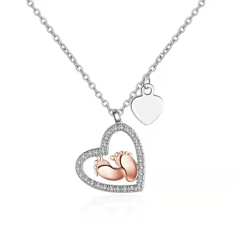 High-End Heart-Shaped Necklace Color Classification Baby Footprints Pure Female Pendant Clavicle Love Footprints Luxury