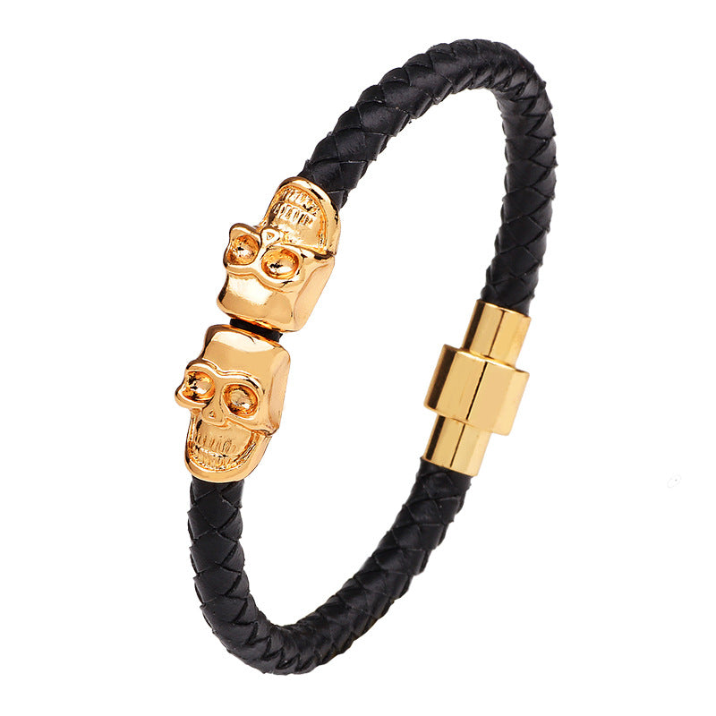 European and American cowhide men skull woven magnetic buckle bracelet