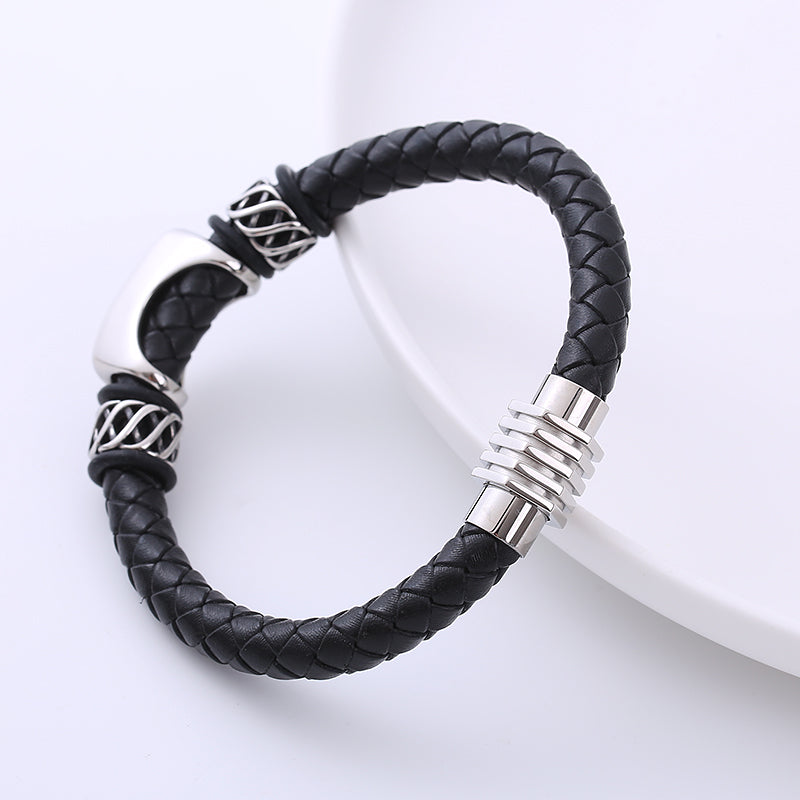 AML European and American Domineering Vintage Weave Leather Rope Trendy Men Bracelet Lion's Head Personality Titanium Steel Leather Bracelet