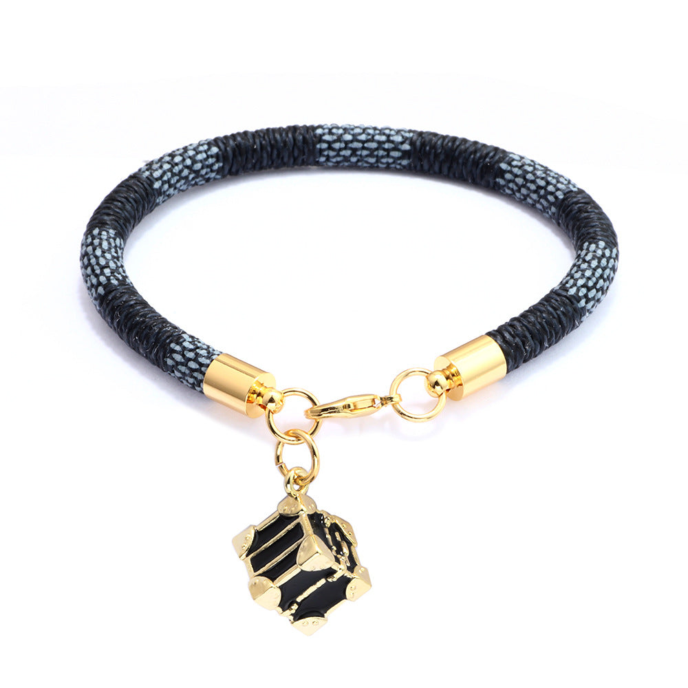 new fashion striped bracelet PU leather rope electroplating real gold copper bracelet