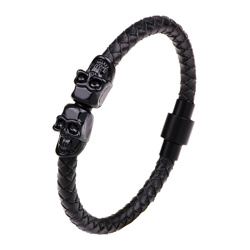 European and American cowhide men skull woven magnetic buckle bracelet