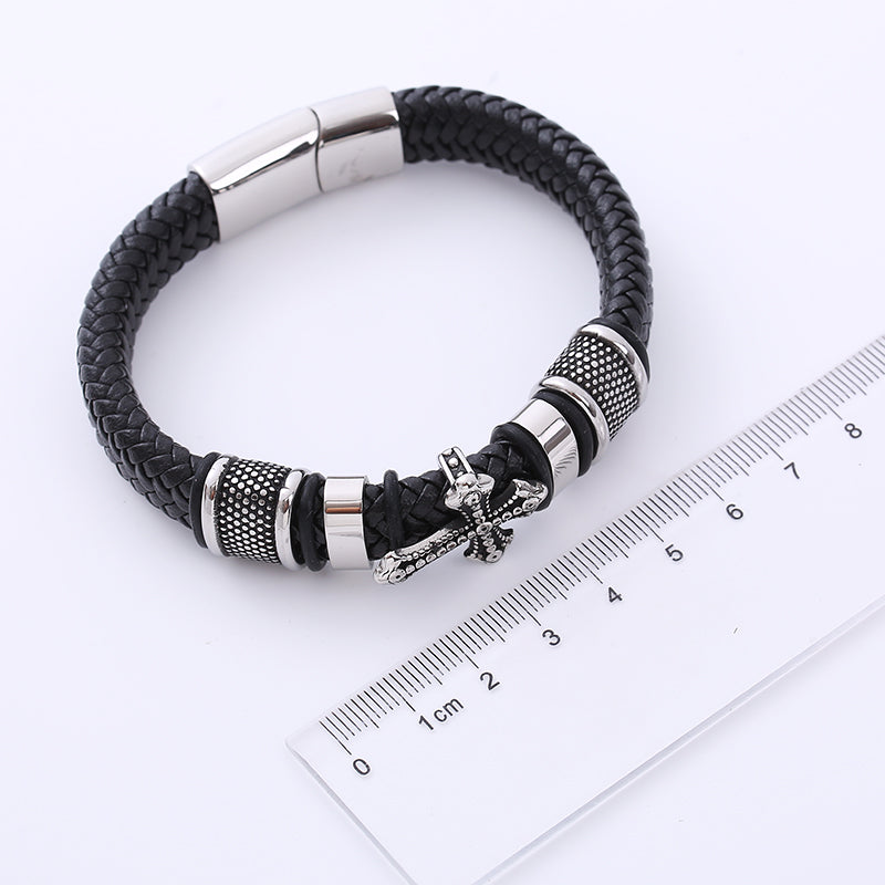 AML Cross-Border  Retro Exquisite Cross Stainless Steel Charm Men's Leather Cord Bracelet European and American Style