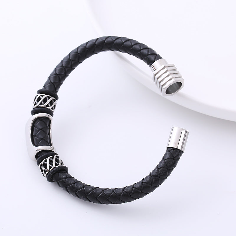 AML European and American Domineering Vintage Weave Leather Rope Trendy Men Bracelet Lion's Head Personality Titanium Steel Leather Bracelet