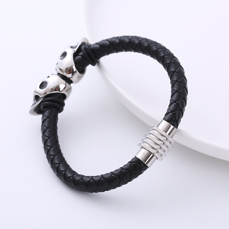 AML Woven Men's Titanium Steel Ornament Personality Skull Stainless Steel Domineering Bracelet Leather Bracelet