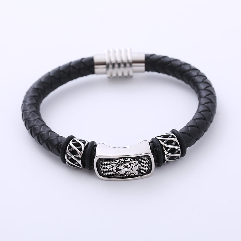 AML European and American Domineering Vintage Weave Leather Rope Trendy Men Bracelet Lion's Head Personality Titanium Steel Leather Bracelet