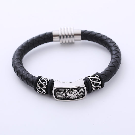 AML European and American Domineering Vintage Weave Leather Rope Trendy Men Bracelet Lion's Head Personality Titanium Steel Leather Bracelet