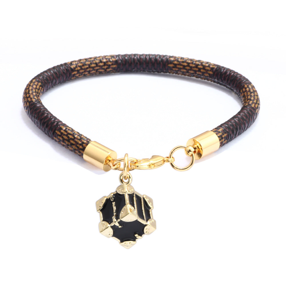 new fashion striped bracelet PU leather rope electroplating real gold copper bracelet