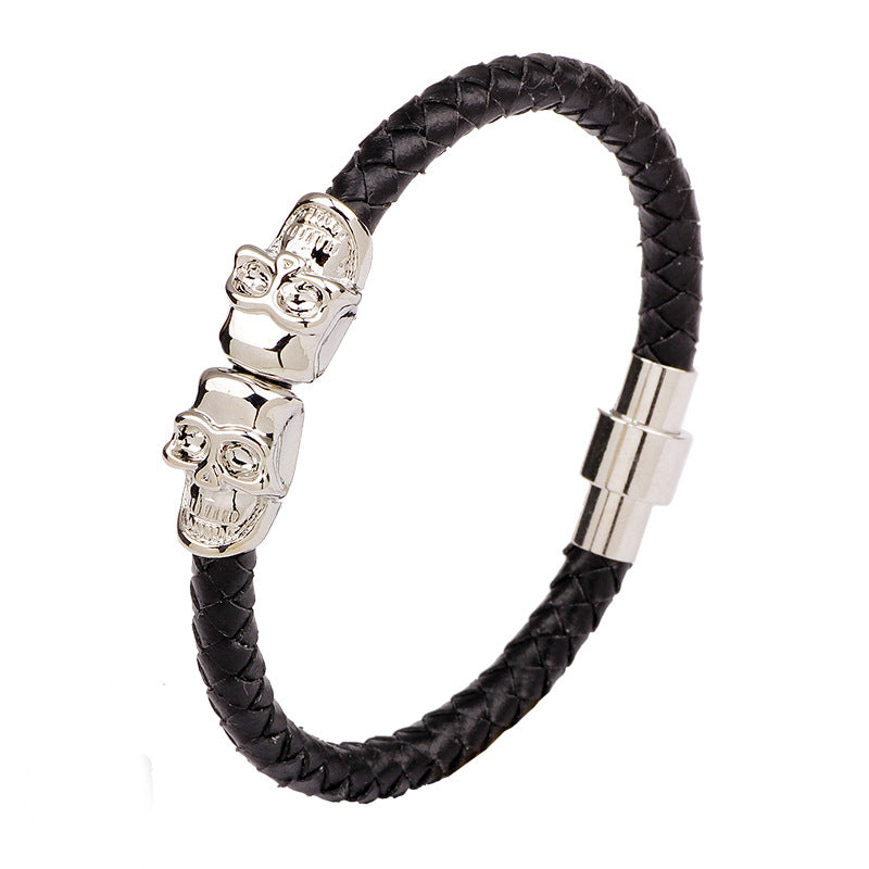 European and American cowhide men skull woven magnetic buckle bracelet